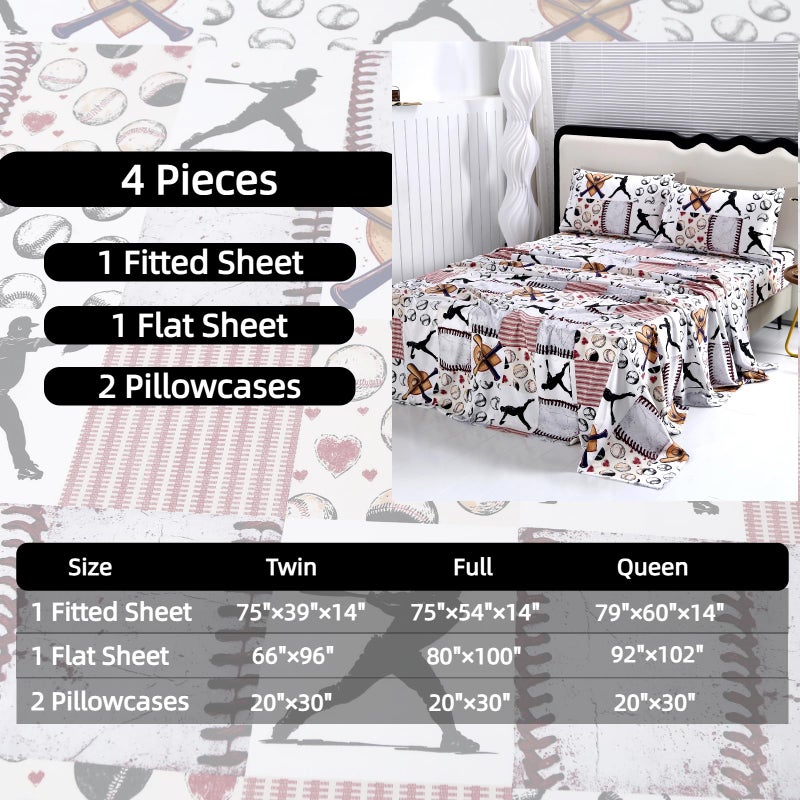 SDIII 4 Piece Baseball Sheets Twin Size Set Soft Microfiber Sports Twin Sheets Set Kids Sport Themed Bedding Sheet for Boys Girls Teens and Toddlers - Image 4